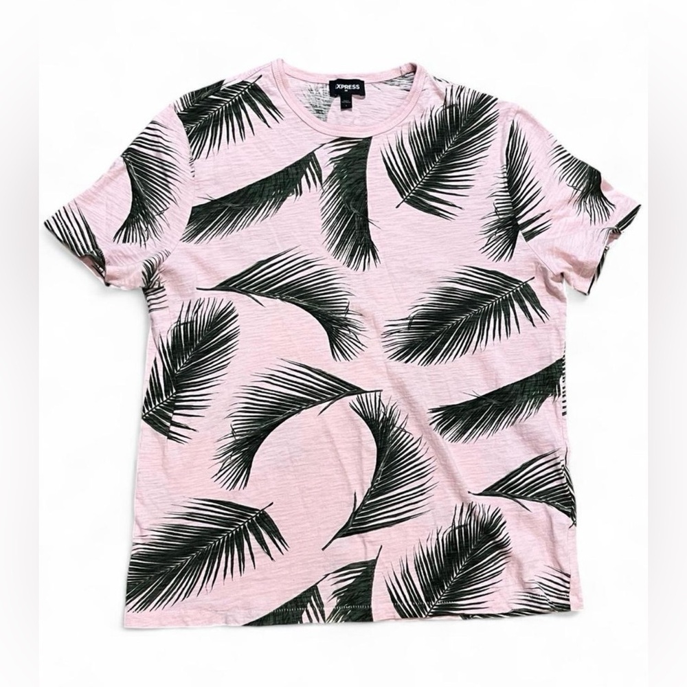 Express Men’s Pink Palm Print Resort Shirt Size Medium – Tropical Vacation Top